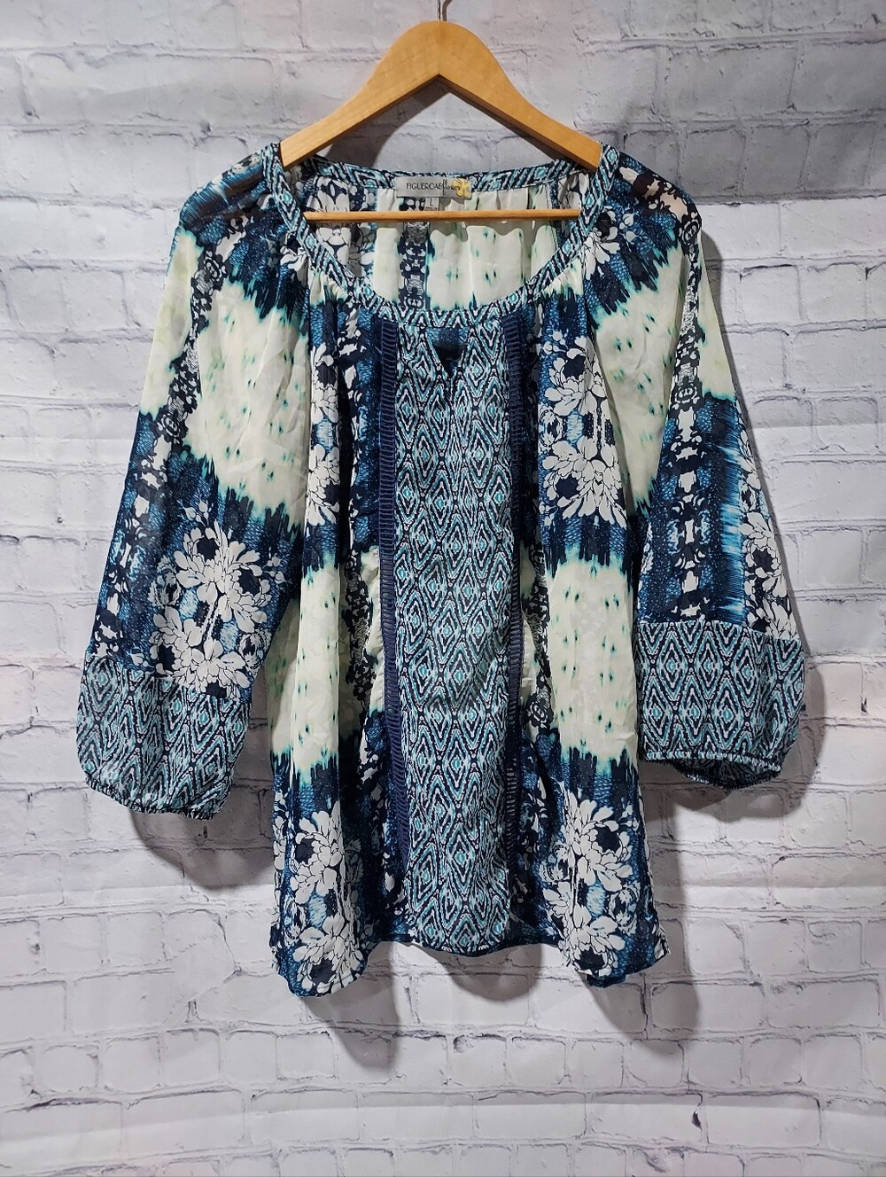Figueroa & Flower L Sheer Blouse Top 3/4 Sleeve Patchwork Floral Blue Office